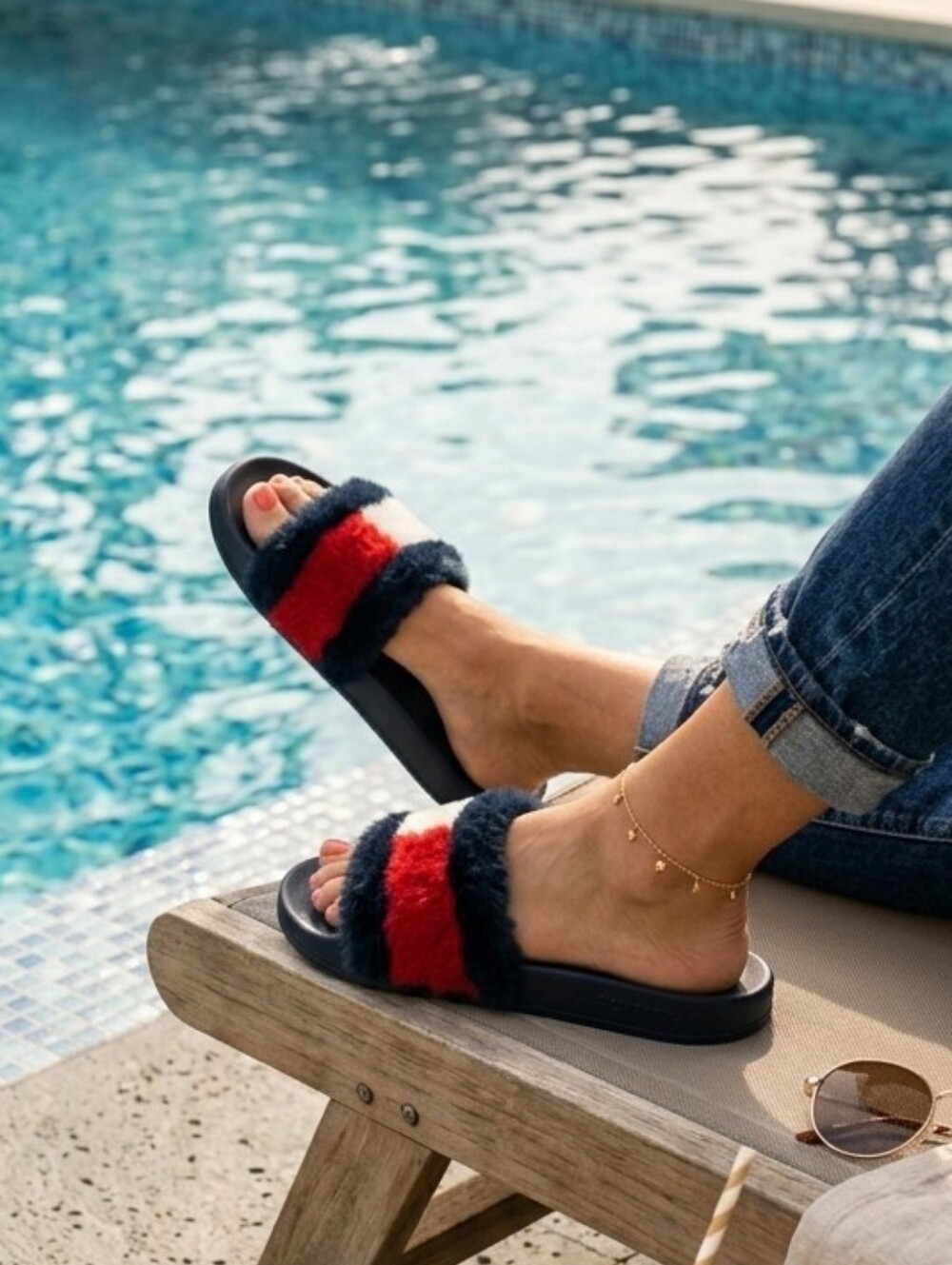 Y2K Tommy Hilfiger Navy Slides Retro Pool Slides Faux Fur 6.5